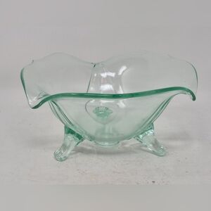 Vintage Teal Glass Three Footed Bowl
